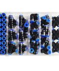 Snazz Up Your Shop With This Awesome 50 Pc Pneumatic Fitting Kit Featuring Quick Push In Air Connectors And Adapters Compatible With 10 Mm Hose Pipe Tube For Fast Compressor And Tool Setup. 50-piece black plastic push-in fittings in storage case