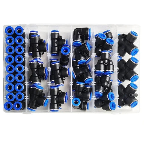 Snazz Up Your Shop With This Awesome 50 Pc Pneumatic Fitting Kit Featuring Quick Push In Air Connectors And Adapters Compatible With 10 Mm Hose Pipe Tube For Fast Compressor And Tool Setup. 50-piece black plastic push-in fittings in storage case