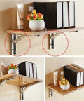 Two Pack Triangle Folding Angle Brackets Heavy Duty Support Adjustable Wall Mounted Shelf Brackets shown on wooden shelf