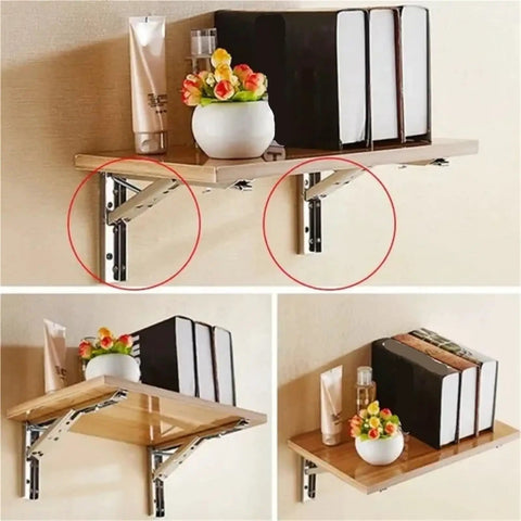 Two Pack Triangle Folding Angle Brackets Heavy Duty Support Adjustable Wall Mounted Shelf Brackets shown on wooden shelf