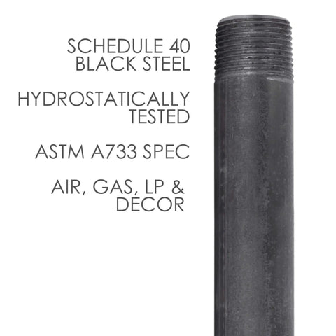 Half Inch Black Pipe Nipple 48 Inch Pack of 4 for DIY Vintage Furniture Build with test specs and usage details displayed