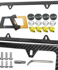 Real Carbon Fiber License Plate Frame with screws, caps, and tools, showcasing 3D twill fiber and stainless holder, anti-theft design.