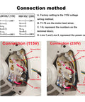 Connection method for Half HP Single Phase Electric Motor 115V and 230V with wiring diagram and labels for line connections.