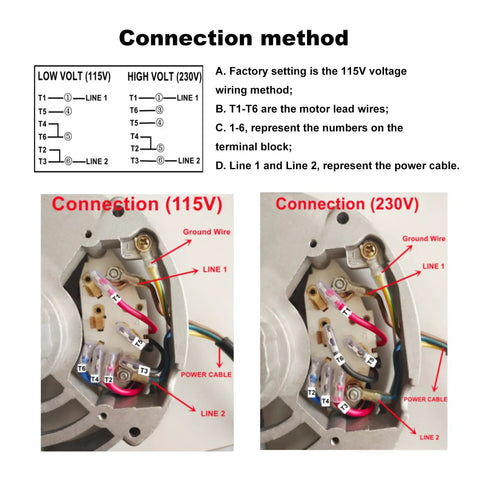 Connection method for Half HP Single Phase Electric Motor 115V and 230V with wiring diagram and labels for line connections.