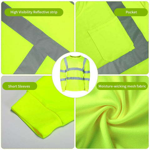 Close-up details of Six Pack XL High Visibility Reflective Long Sleeve Safety Shirts In Yellow Breathable Unisex Work Gear