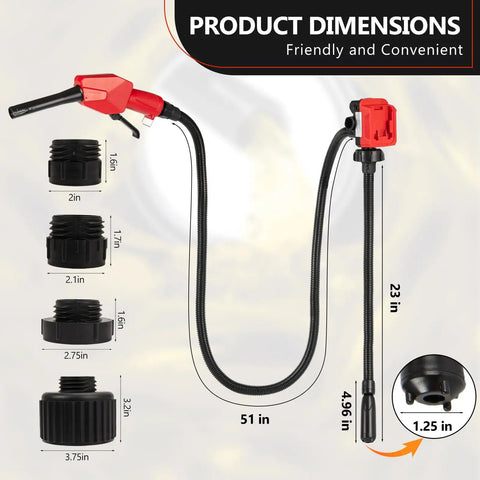 5GPM Cordless Fuel Transfer Pump With Auto Stop And Hand Nozzle, hose and nozzle dimensions, built for DeWalt and Milwaukee