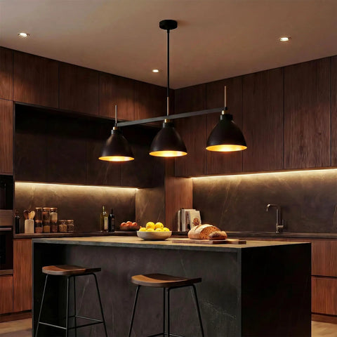 Black And Gold 3 Light Linear Kitchen Island Pendant With Adjustable Rods in modern kitchen setting
