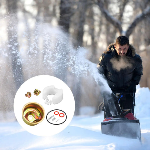 Man using snow blower in winter, inset of Carburetor Repair Kit For Most Carbs With Bowl Gasket Float Pin Needle Valve Spring Screws And Washers