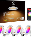 Four Pack 4 Inch LED Can Lights With WiFi, 9W 780 Lumen Color Changing Recessed Lighting, Metal Baffle Trim Downlights