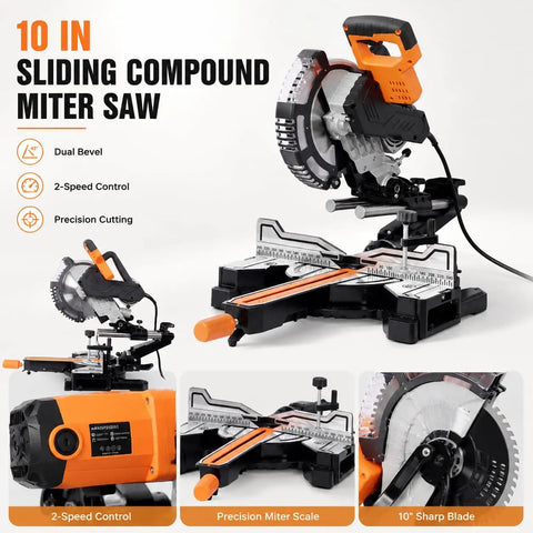 Straight Shooting 10 Inch Sliding Compound Miter Saw Featuring Quick Release Extension Shelf And Smooth 0 To 45 Dual Bevel Pivot For Frustration Free Cutting Through Wood Plastic Or Tile.