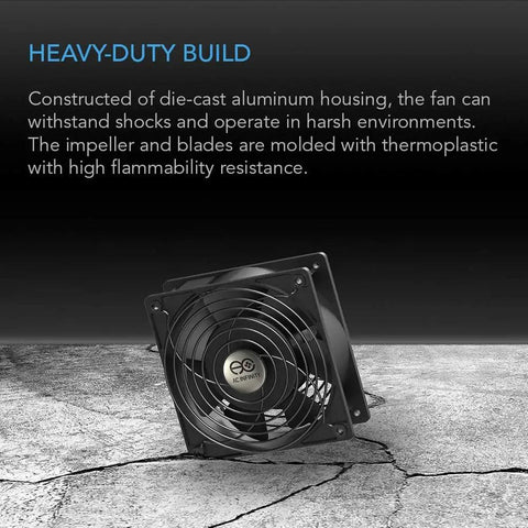 Beefy Muffin Fan 120V AC High Speed 120mm By 38mm in die-cast aluminum housing, shown for DIY cooling ventilation projects.