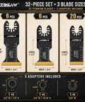 Badass 32 Piece Titanium Oscillating Multi Tool Blade Set For Heavy Duty Metal Cutting Wood Planks Nails Removal And Plastic Demolition Projects With Sharp Kick Ass Edges And Top Shelf Durability, showing 3 different blade sizes with adapters.