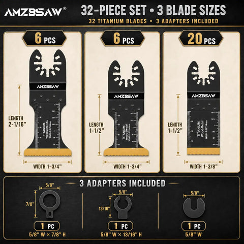 Badass 32 Piece Titanium Oscillating Multi Tool Blade Set For Heavy Duty Metal Cutting Wood Planks Nails Removal And Plastic Demolition Projects With Sharp Kick Ass Edges And Top Shelf Durability, showing 3 different blade sizes with adapters.