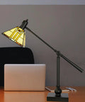 Mission Style Bank Table Lamp With 100-Piece Art Glass Shade In Beige Blue Red And Butterscotch, Adjustable Arm on desk