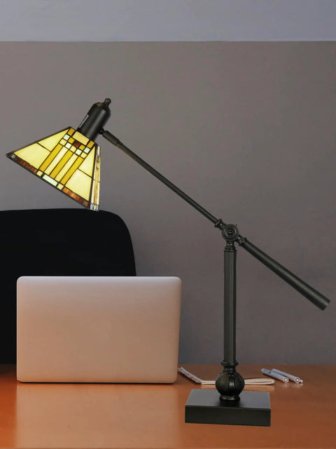 Mission Style Bank Table Lamp With 100-Piece Art Glass Shade In Beige Blue Red And Butterscotch, Adjustable Arm on desk