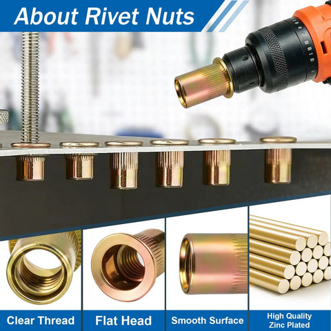 Close-up of Rivet Nut Kit 188-Piece 1/4-20 Zinc Plated Carbon Steel Rivnuts with drill and mounted examples