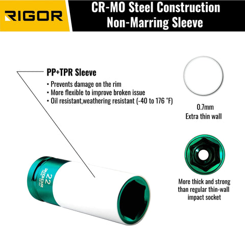 Non Marring 22mm Lug Nut Socket For 1/2 Inch Drive, 6 Point Wheel Protector Impact Socket, Cr-Mo Steel, side view