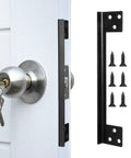 Heavy Duty Outswing Door Latch Guard Cover Kickproof Black Steel Striker Plate For Deadbolt Security mounted on door with screws.