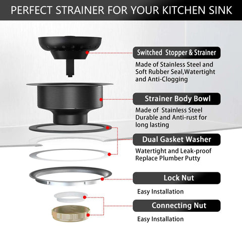 Exploded view of Matte Black 3-1/2 Inch Kitchen Sink Drain Assembly Kit With Strainer Basket And Stopper Universal Fit For Standard 3.5 Inch Drains