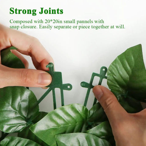 Hands demonstrating snap closure on Artificial Ivy Privacy Screen For Fence 39 Inch High 118 Inch Long With Strengthened Joints