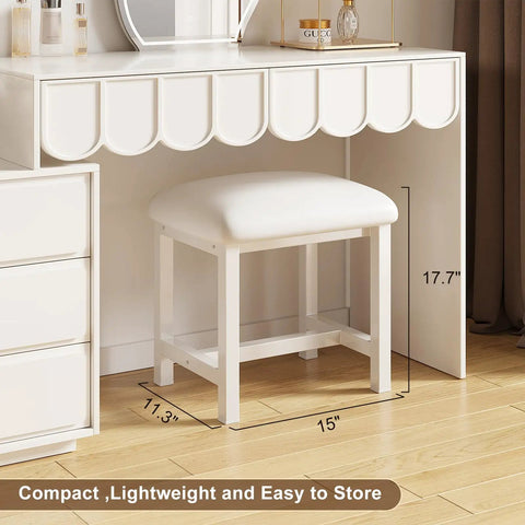 White Vanity Stool With Leather Cushioned Seat Small Vanity Chair for Makeup Desk under white table in bedroom setting