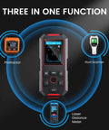 Diagram showing Three In One Stud Finder With 196 Feet Laser Measure And Wall Scanner For Wood Metal And Live Wires Digital Level LCD Protractor And Audio Alert, highlighting protractor, stud scanner, and laser distance meter functions.