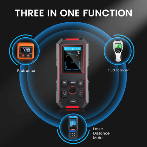 Diagram showing Three In One Stud Finder With 196 Feet Laser Measure And Wall Scanner For Wood Metal And Live Wires Digital Level LCD Protractor And Audio Alert, highlighting protractor, stud scanner, and laser distance meter functions.