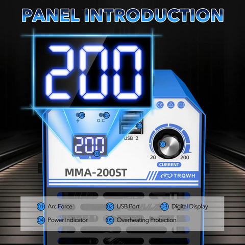 Panel display of Mini Stick Welder 110V 200A Portable Inverter Welding Machine With Hot Start And IGBT 5 Rods Included Plug And Play