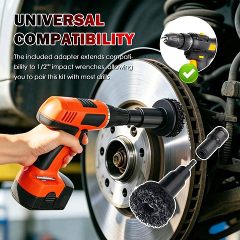 No Sweat All In One Wheel Hub And Brake Rotor Cleaning Kit With Heavy Carbon Steel Wire Brushes demonstrates universal compatibility with drills.