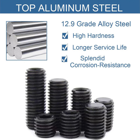 105 Piece Screws Set With Hex Wrenches, M3 M4 M5 M6 M8 Size Range; black hex socket screws and alloy steel composition.