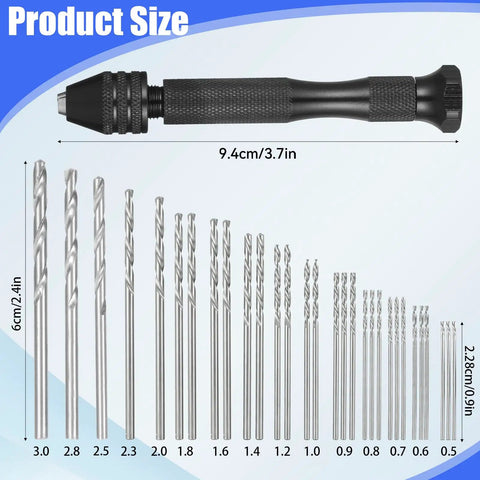 Top Shelf 31 Piece Micro Drill Bit Set With Ergonomic Pin Vise For Tiny Holes In Jewelry Wood Resin And Modeling Projects showing sizes and ergonomic design.