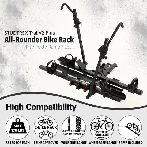 Hitch Mounted Ebike Rack For Two With 46 Inch Ramp Tilt Fold Design Anti Theft Locks And Wheel Locks 170 Lb Capacity Fits 2 Inch Receiver on SUV