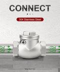 Front view of 1-1/2 inch NPT female swing check valve in 304 stainless steel for backflow prevention