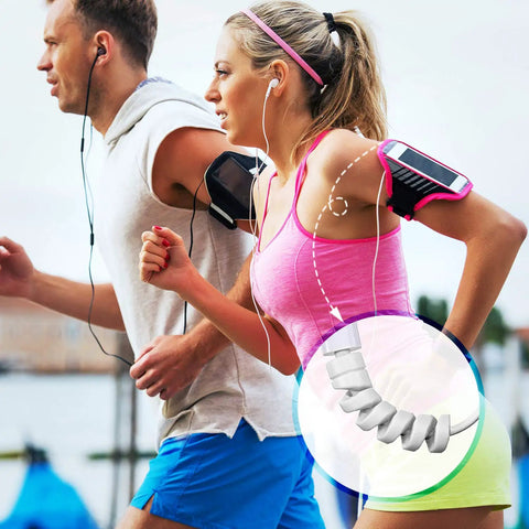 Two people jogging with earphones using 12 Piece Silicone Spiral Charging Cable Protectors For Micro USB And USB Cords, Gray and Black.