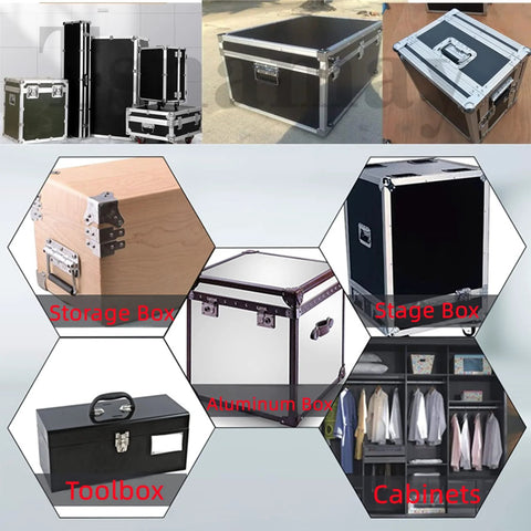 Image showing various boxes including storage, stage, aluminum, and toolboxes, alongside cabinets, emphasizing versatility.