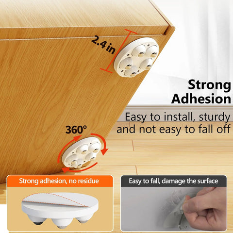 2 Inch Caster Wheels With 360 Degree Swivel Self Adhesive Universal Fit for furniture, showing installation on wooden box.