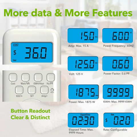 Plug In Watt Meter With Backlit LCD Display For Home Use Energy Consumption Monitor Tracks Voltage Amps And Wattage With Nine Display Modes