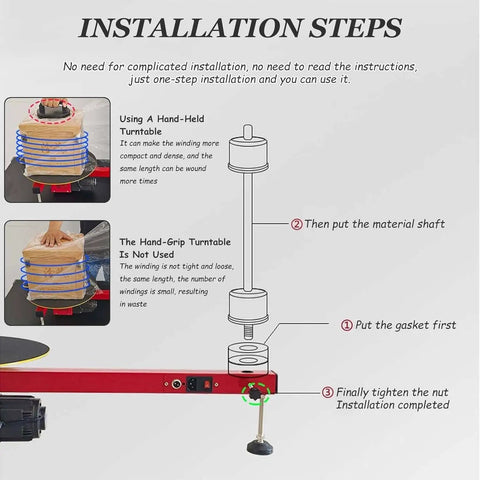 Installation steps for Built Different Heavy Duty Electric Pallet Wrapping Machine with visual instructions and components.