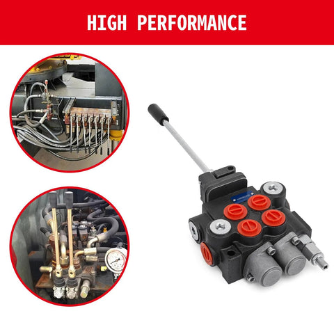 Front view of a compact 2-spool hydraulic joystick control valve with lever and red port plugs.