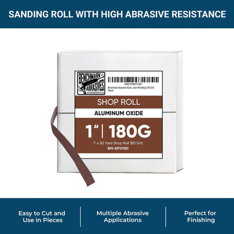 1X150FT Emery Cloth Sandpaper Roll Aluminum Oxide 180 Grit for wood and metal, in a 50 yard roll with durable packaging.