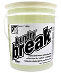 Sam Laundry Break booster detergent in a 5-gallon white plastic bucket; pale green liquid