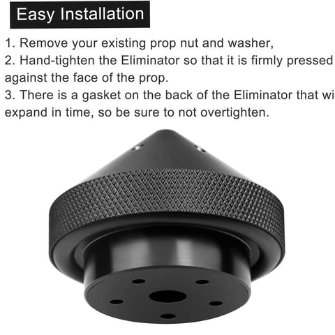 Close-up of black trolling motor prop nut with knurled grip, showing easy installation instructions.