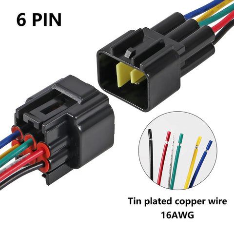 Six Pin Waterproof Electrical Connector Kit 16 AWG Quick Disconnect M F Plugs with colored wires and durable black casing