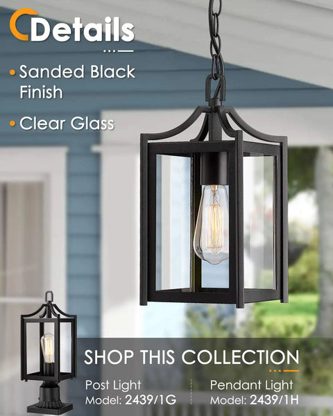 Large 14 Inch Outdoor Pendant Light With Adjustable Chain In Black Exterior Finish And Clear Glass For Porch Foyer Gazebo Patio Dope Modern Hanging Lantern Weatherproof Outdoor Lighting.