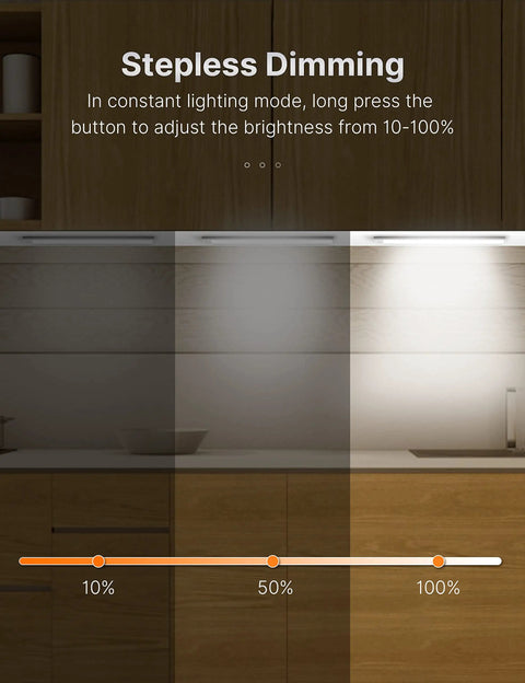 Rechargeable Under Cabinet Light With 50 LED Motion Sensor, Wireless Night Light stepless dimming demonstration in kitchen