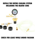 Premium Coolant System Refiller Kit With Three Universal Adapters, vacuum gauge and hoses for coolant refill and leak checks.