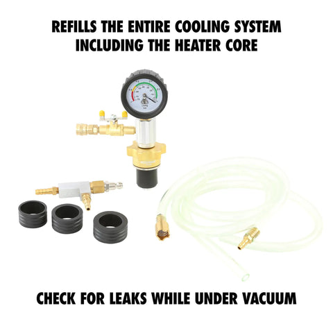 Premium Coolant System Refiller Kit With Three Universal Adapters, vacuum gauge and hoses for coolant refill and leak checks.