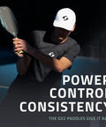 Player swinging GX2 Hyper Pickleball Paddle with Aerodynamic Hyper Shape and SST 2.0 Carbon Core on tennis court.