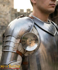 Medieval armor featuring a Pair of 16 Gauge Steel Rondels With Genuine Leather Straps for Elbows and Knees Armor on shoulder