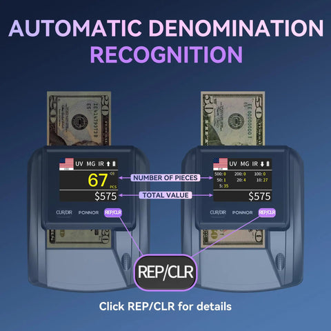 AL 135T Counterfeit Bill Detector Money Checker With Three Inch Digital Screen showing automatic denomination recognition.